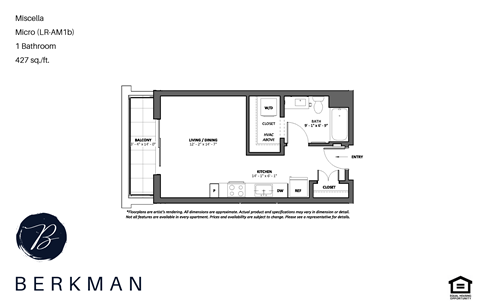 Floor plan for studio, 1 bath, 427 sqft